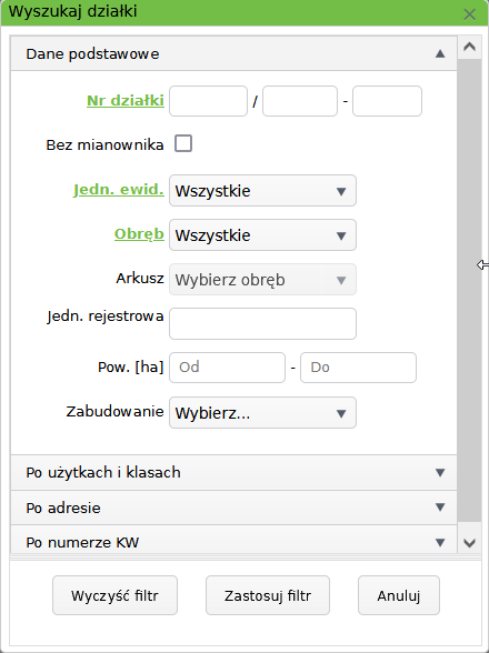 Widok okna umożliwiającego wyszukanie działek po atrybutach Widok okna umożliwiającego wyszukanie działek po atrybutach