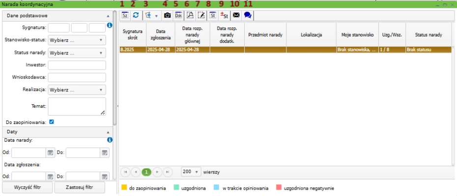 Widok okna głównego narady koordynacyjnej z ikonami zaznaczonymi czerwonymi cyframi od 1 do 10 Widok okna głównego narady koordynacyjnej z ikonami zaznaczonymi czerwonymi cyframi od 1 do 10