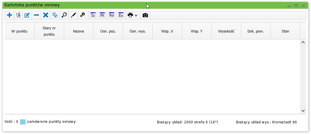 Widok okna kartoteki punktów osnowy Widok okna kartoteki punktów osnowy