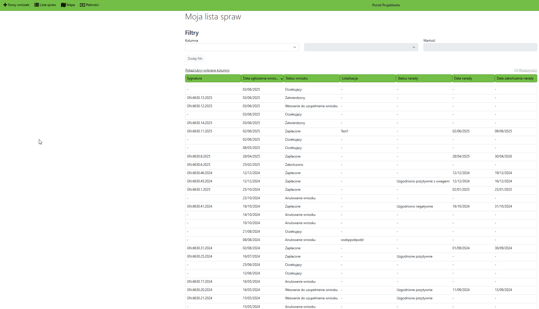 Widok okna z listą spraw Widok okna z listą spraw