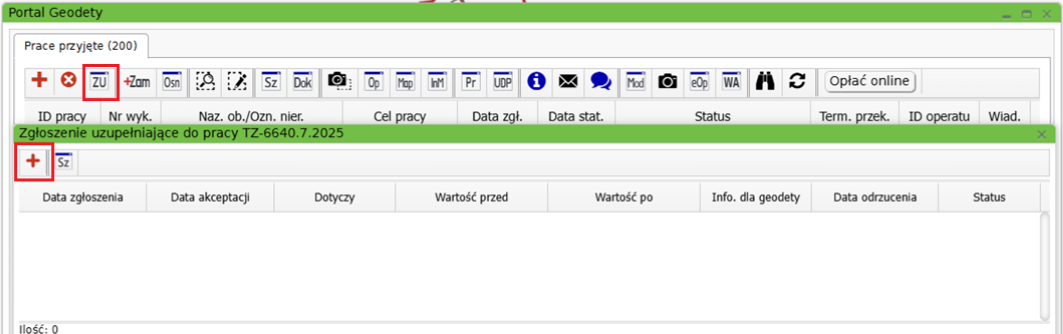 Widok okna zgłoszenia uzupełniającego do pracy Widok okna zgłoszenia uzupełniającego do pracy