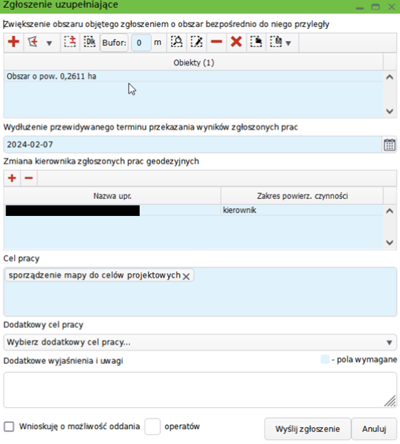 Widok okna zgłoszenia uzupełniającego Widok okna zgłoszenia uzupełniającego