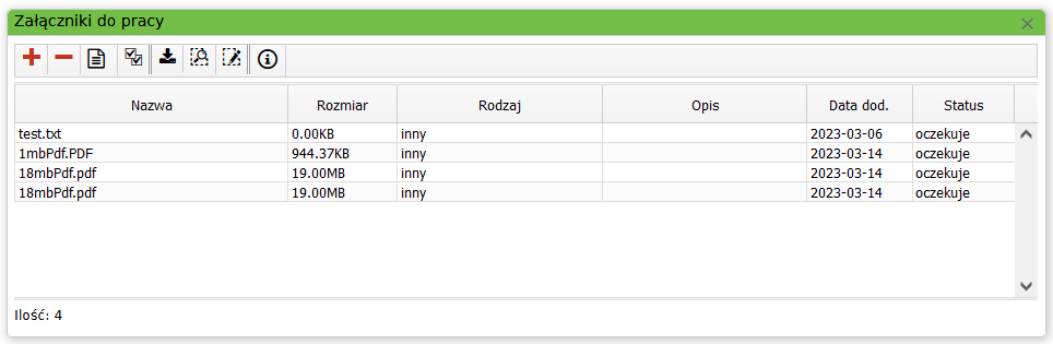 Widok okna z wylistowanymi załącznikami do pracy Widok okna z wylistowanymi załącznikami do pracy