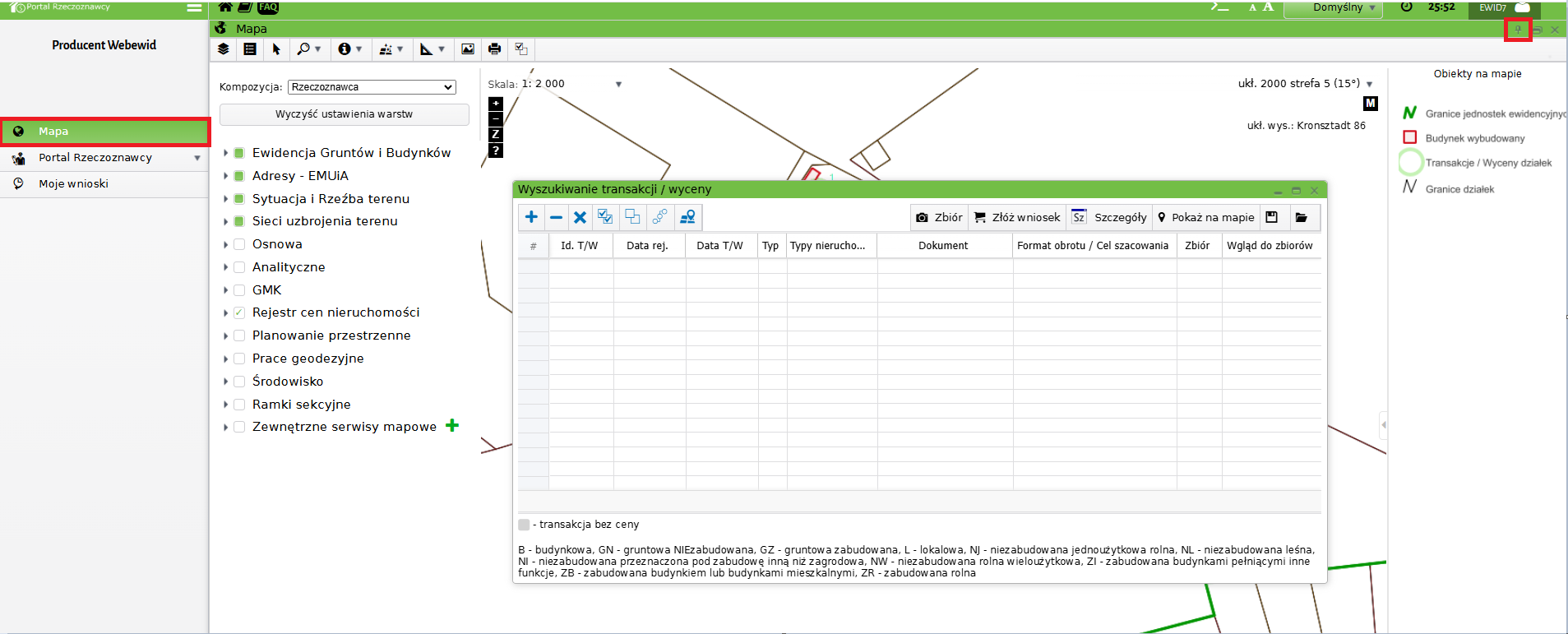 Widok okna portalu i okna wyszukiwania transakcji/wyceny Widok okna portalu i okna wyszukiwania transakcji/wyceny