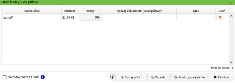 Widok okna określenia atrybutów wysyłanego pliku Widok okna określenia atrybutów wysyłanego pliku