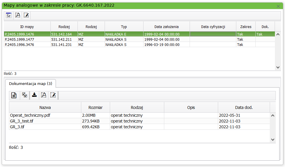 Widok okna z wylistowanymi mapami analogowymi w zakresie pracy Widok okna z wylistowanymi mapami analogowymi w zakresie pracy