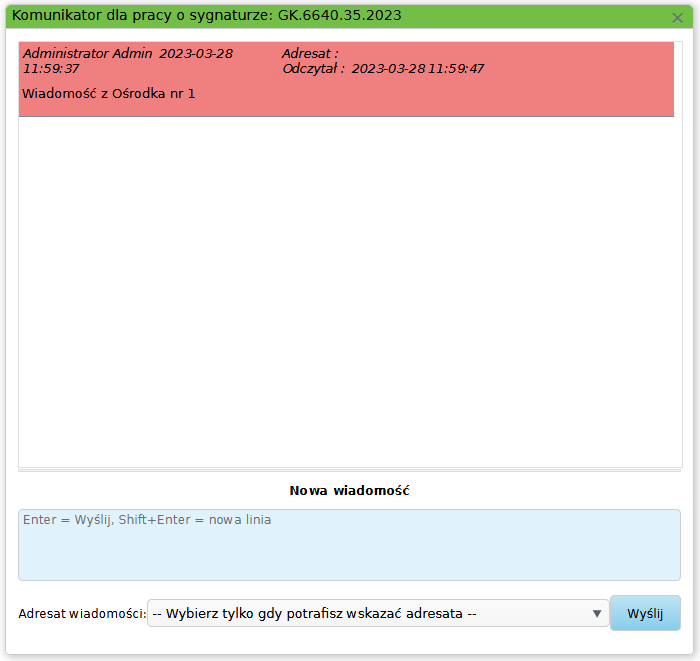 Widok okna z listą komunikatów dla pracy Widok okna z listą komunikatów dla pracy