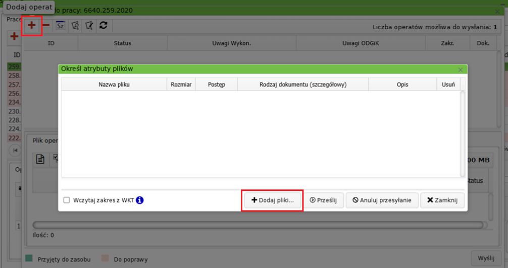 Widok okna dodawania operatów z zaznaczoną ikoną plusa i opcją dodawania plików Widok okna dodawania operatów z zaznaczoną ikoną plusa i opcją dodawania plików