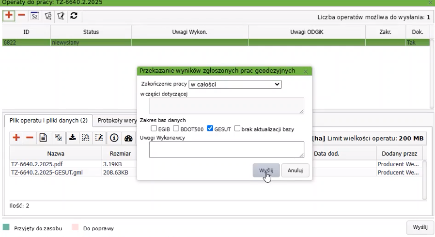 Widok okna operatów do pracy i okna przekazania wyników zgłoszonych prac geodezyjnych Widok okna operatów do pracy i okna przekazania wyników zgłoszonych prac geodezyjnych