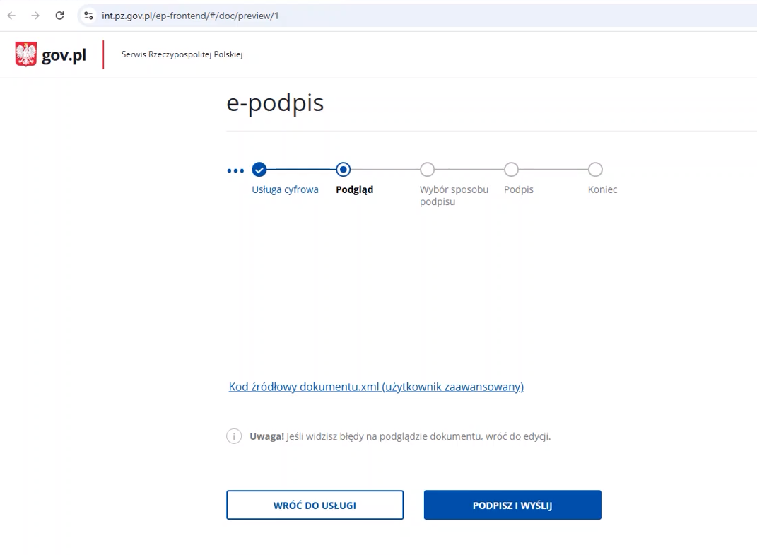 Widok okna do złożenia e-podpisu Widok okna do złożenia e-podpisu