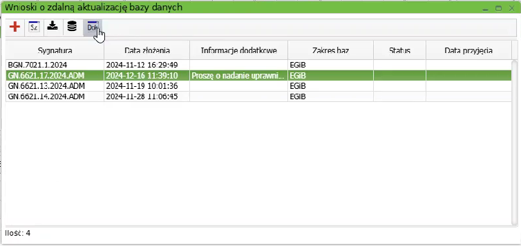 Widok okna wniosku o zdalną aktualizację bazy danych Widok okna wniosku o zdalną aktualizację bazy danych