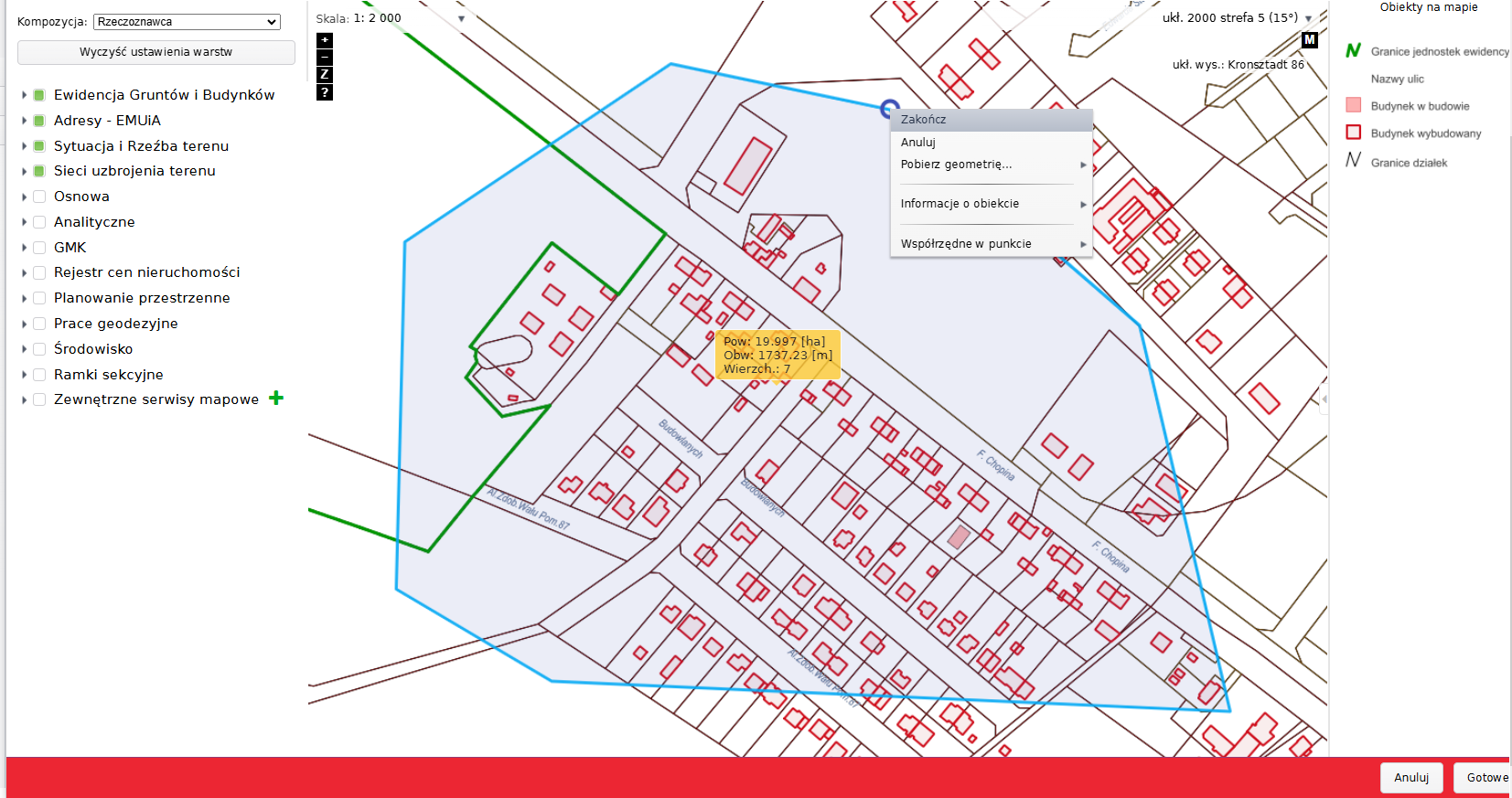 Widok okna mapy z zaznaczonym obszarem i podświetlonym podmenu Widok okna mapy z zaznaczonym obszarem i podświetlonym podmenu