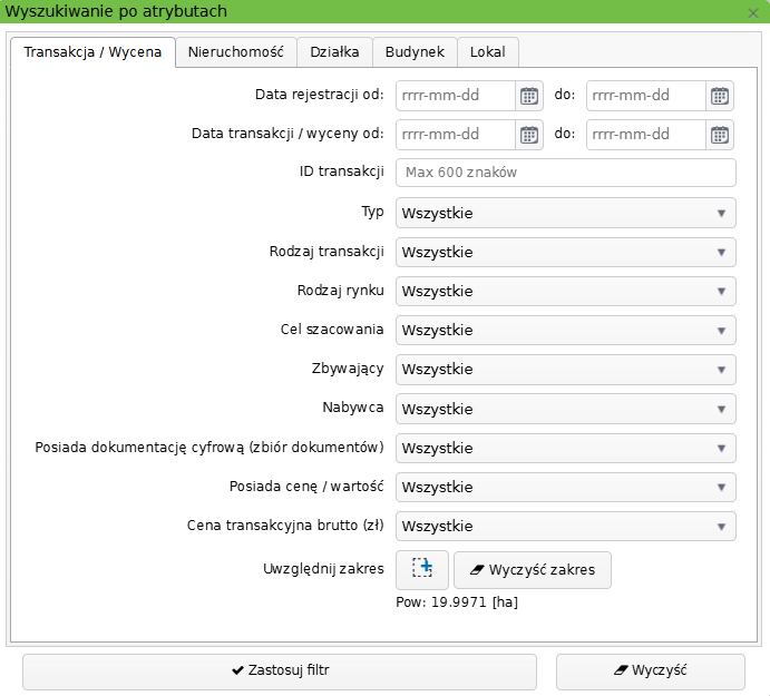 Widok okna wyszukiwania po atrybutach z dodanym zakresem Widok okna wyszukiwania po atrybutach z dodanym zakresem