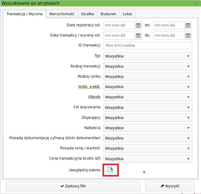 Widok okna wyszukiwania po atrybutach Widok okna wyszukiwania po atrybutach