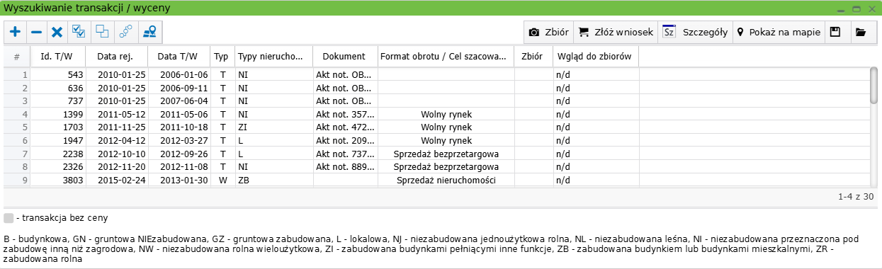 Widok okna wyszukiwania transakcji/wyceny z rekordami na liście Widok okna wyszukiwania transakcji/wyceny z rekordami na liście