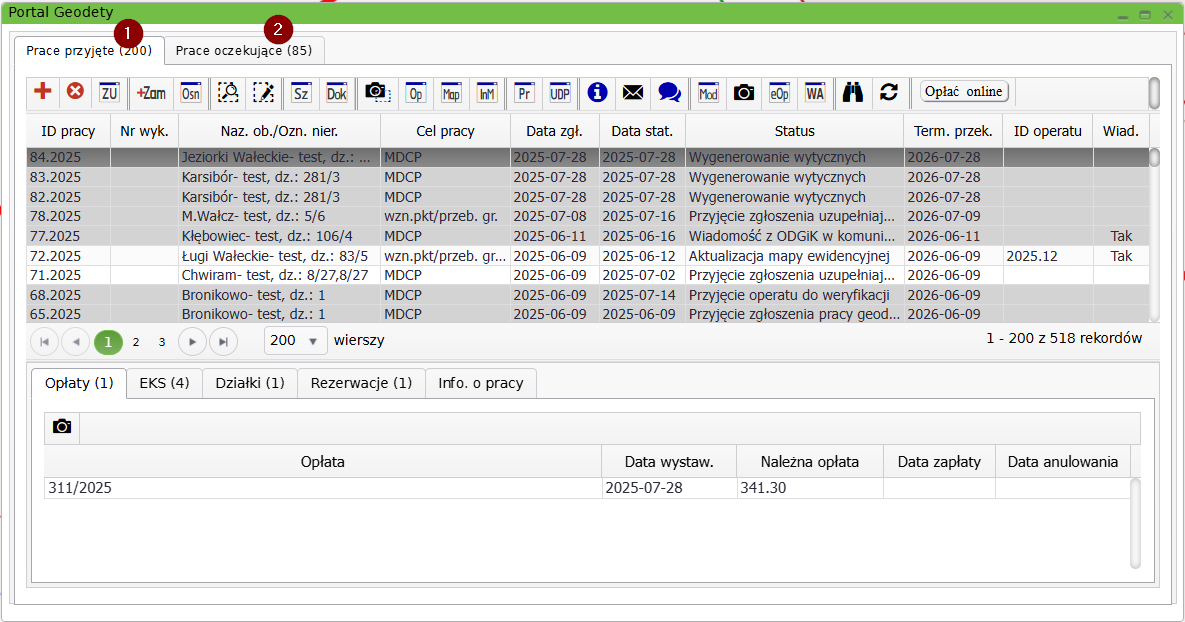 Widok okna portalu geodety z zaznaczonymi zakładkami Widok okna portalu geodety z zaznaczonymi zakładkami