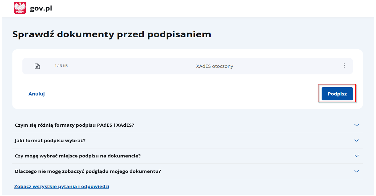 Widok okna podpisania wniosku
