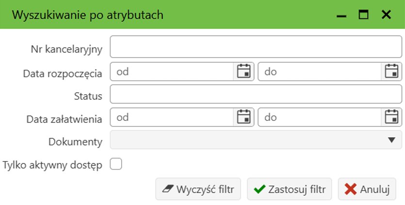 Widok okna wyszukiwania spraw
