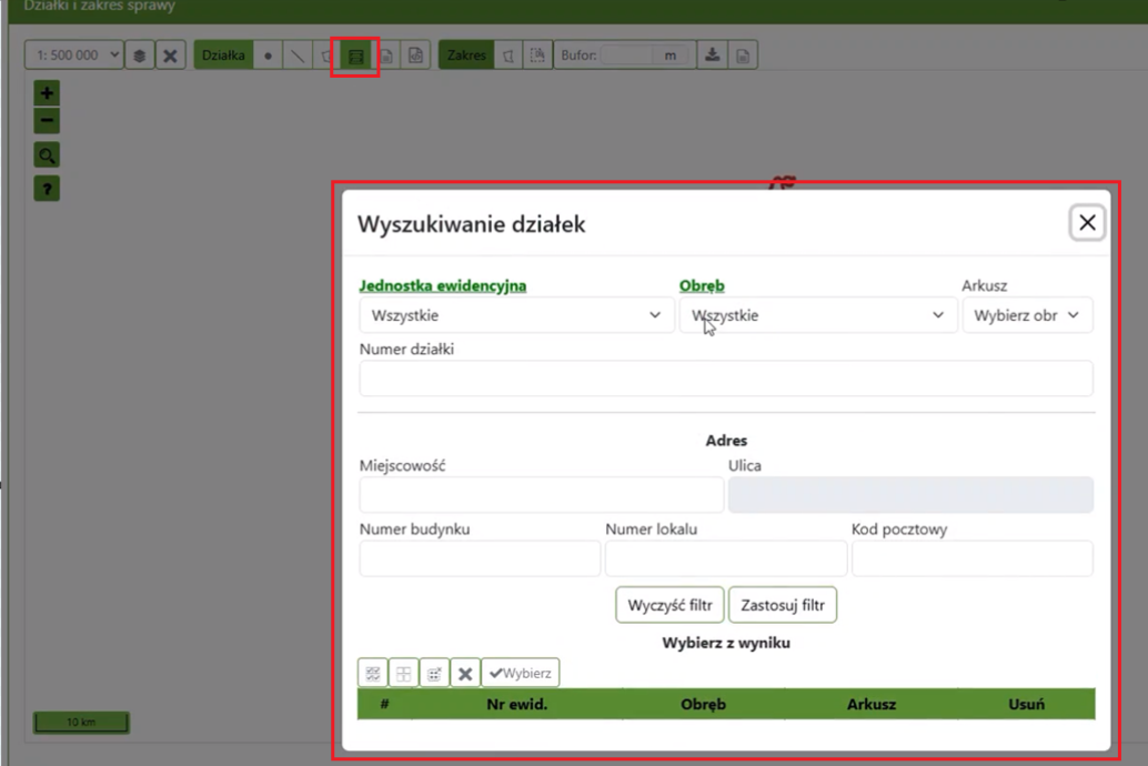 Widok okna wyszukiwania działek Widok okna wyszukiwania działek