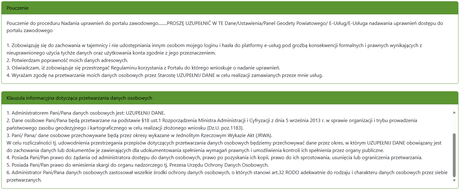 Widok części wniosku z klauzulą informacyjną