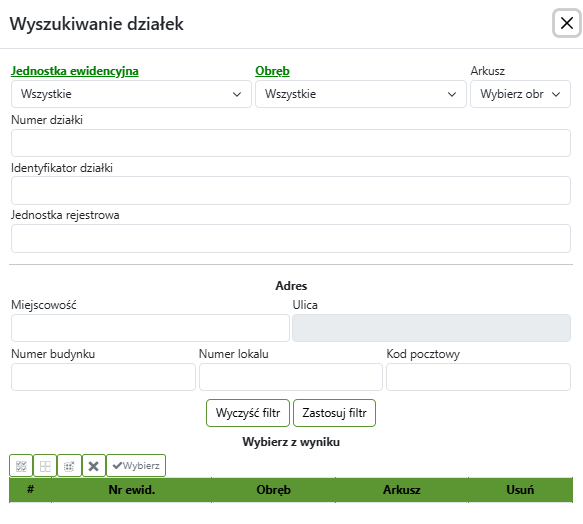 Widok okna wyszukiwania działek