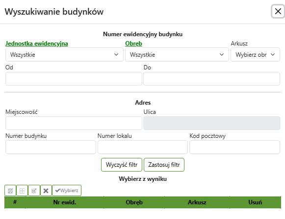 Widok okna wyszukiwania budynków