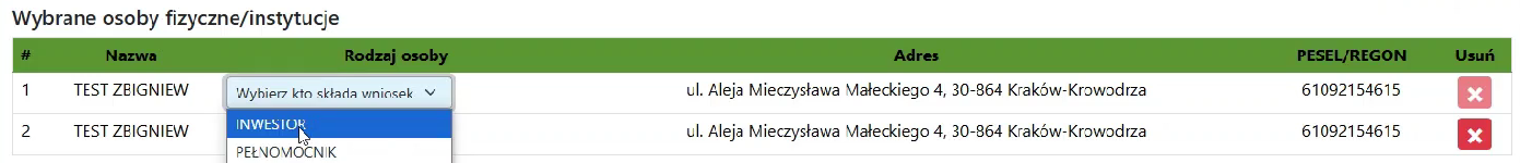 Widok pola wybierania osób fizycznych/instytucji Widok pola wybierania osób fizycznych/instytucji