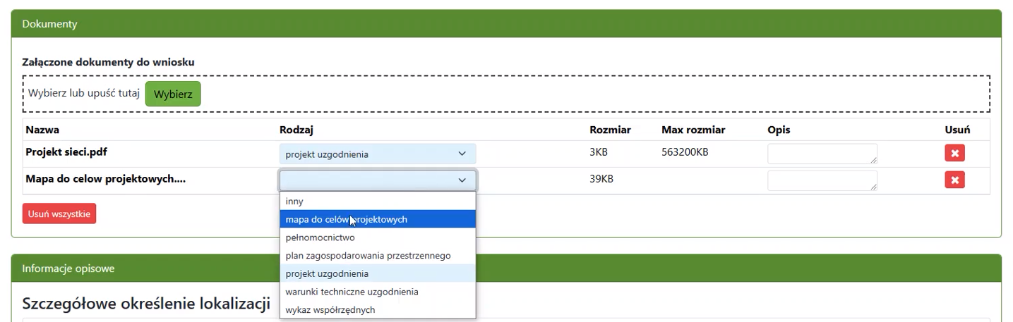 Widok pola z dokumentami i rozwijalnej listy wyboru rodzaju dokumentu Widok pola z dokumentami i rozwijalnej listy wyboru rodzaju dokumentu