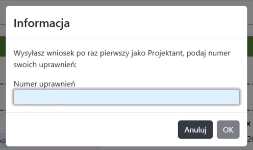 Widok okna informacji do wprowadzenia numeru uprawnień Widok okna informacji do wprowadzenia numeru uprawnień