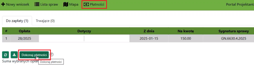 Widok zakładki z płatnościami Widok zakładki z płatnościami