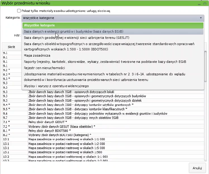 Widok okna wyboru przedmiotu wniosku Widok okna wyboru przedmiotu wniosku