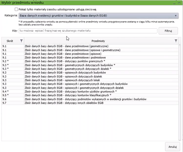 Widok okna wyboru przedmiotu wniosku Widok okna wyboru przedmiotu wniosku