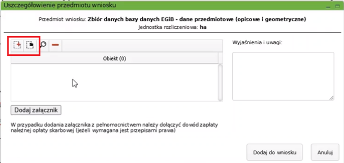 Widok okna z uszczegółowieniem przedmiotu wniosku Widok okna z uszczegółowieniem przedmiotu wniosku