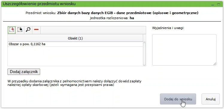 Widok okna z uszczegółowieniem wniosku z wczytanym obszarem na liście Widok okna z uszczegółowieniem wniosku z wczytanym obszarem na liście