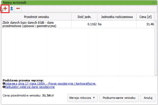 Widok okna nowego wniosku z wczytanym przedmiotem Widok okna nowego wniosku z wczytanym przedmiotem
