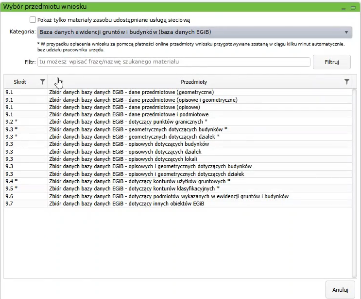 Widok okna wyboru przedmiotu wniosku Widok okna wyboru przedmiotu wniosku