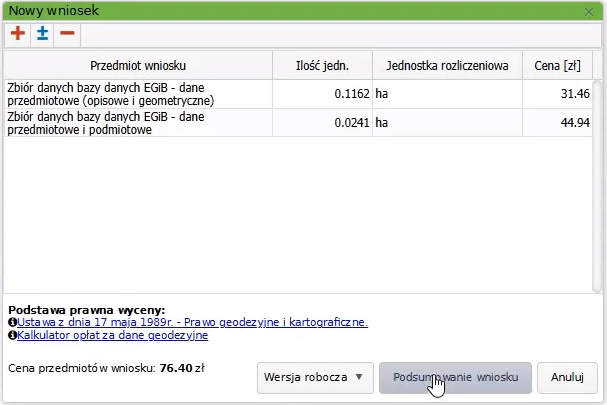 Widok okna nowego wniosku z wczytanymi pozycjami na liście Widok okna nowego wniosku z wczytanymi pozycjami na liście