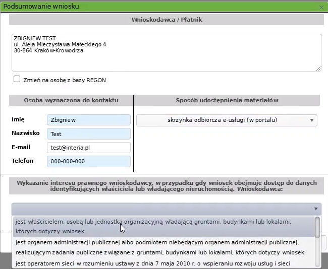 Widok okna podsumowania wniosku Widok okna podsumowania wniosku