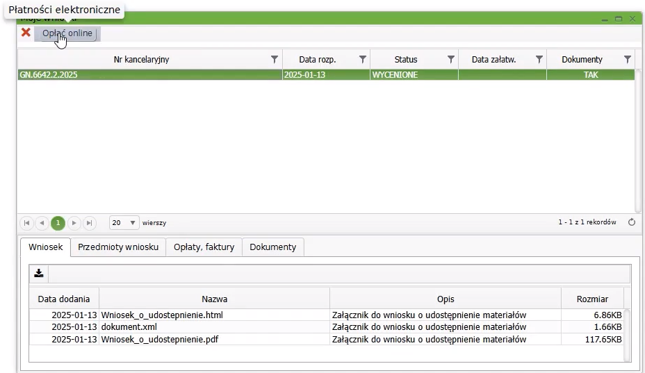 Widok okna z wnioskami Widok okna z wnioskami