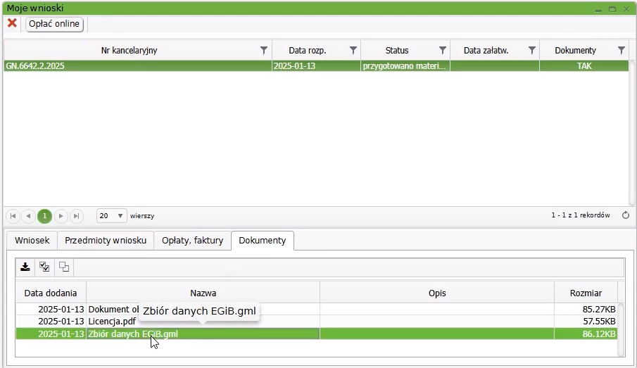 Widok okna z wnioskami z zakładką: Dokumenty Widok okna z wnioskami z zakładką: Dokumenty