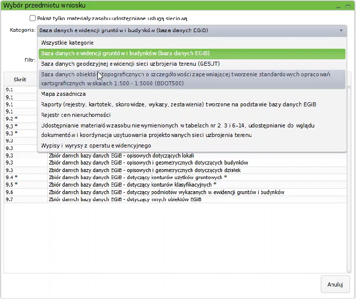 Widok okna wyboru przedmiotu wniosku Widok okna wyboru przedmiotu wniosku