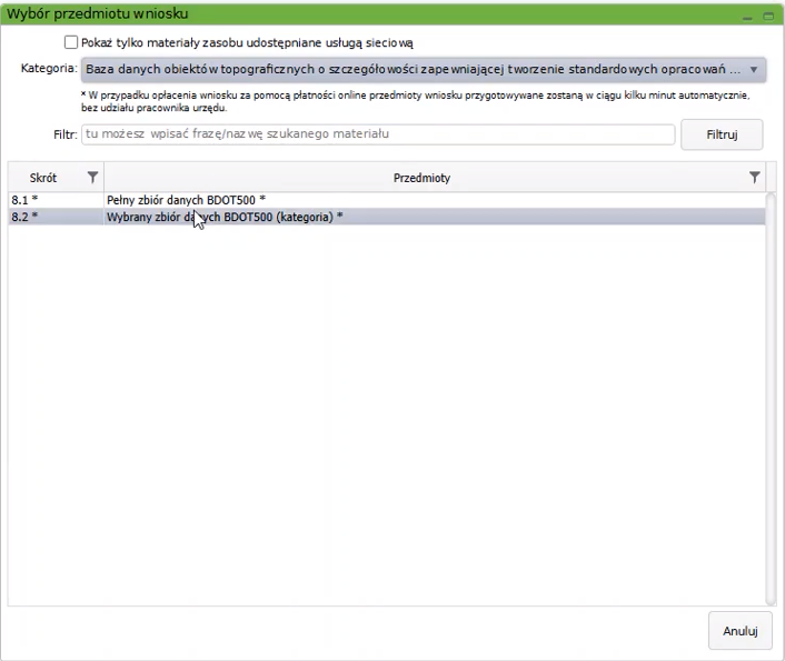 Widok okna wyboru przedmiotu wniosku Widok okna wyboru przedmiotu wniosku