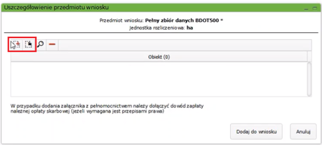 Widok okna z uszczegółowieniem przedmiotu wniosku Widok okna z uszczegółowieniem przedmiotu wniosku