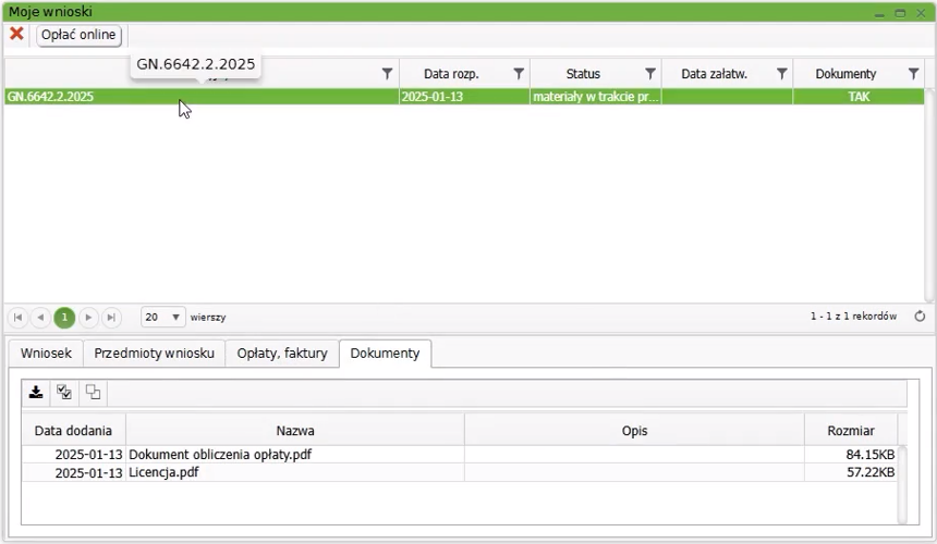 Widok okna z wnioskami z zakładką: Dokumenty Widok okna z wnioskami z zakładką: Dokumenty