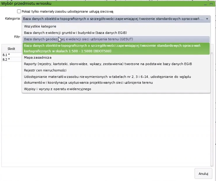 Widok okna wyboru przedmiotu wniosku Widok okna wyboru przedmiotu wniosku