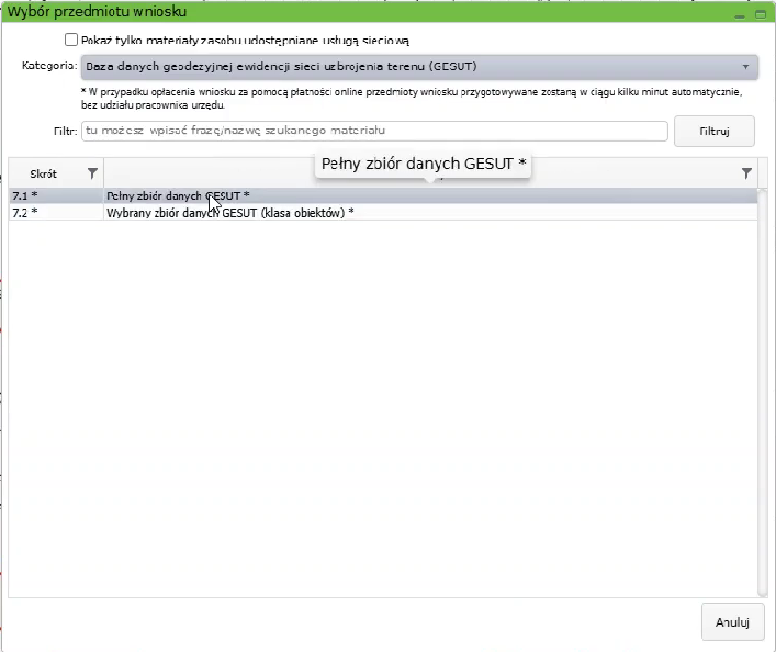 Widok okna wyboru przedmiotu wniosku Widok okna wyboru przedmiotu wniosku