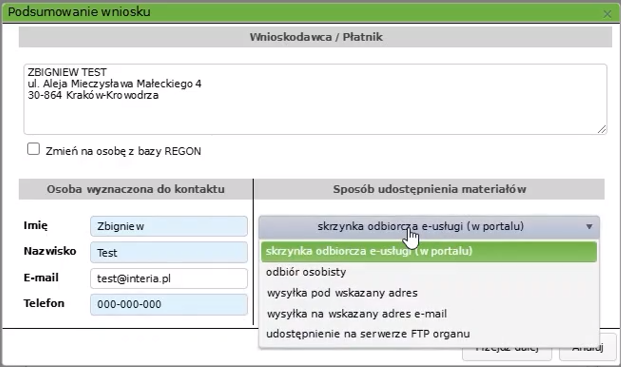 Widok okna podsumowania wniosku Widok okna podsumowania wniosku
