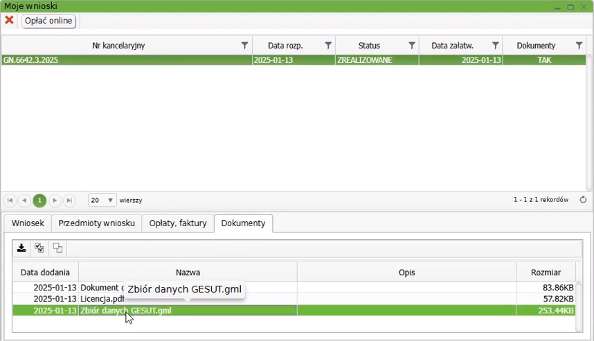 Widok okna z wnioskami z zakładką: Dokumenty Widok okna z wnioskami z zakładką: Dokumenty