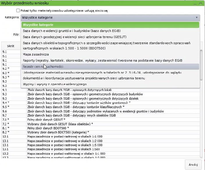 Widok okna wyboru przedmiotu wniosku Widok okna wyboru przedmiotu wniosku