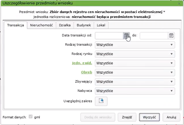 Widok okna: Uszczegółowienie przedmiotu wniosku Widok okna: Uszczegółowienie przedmiotu wniosku